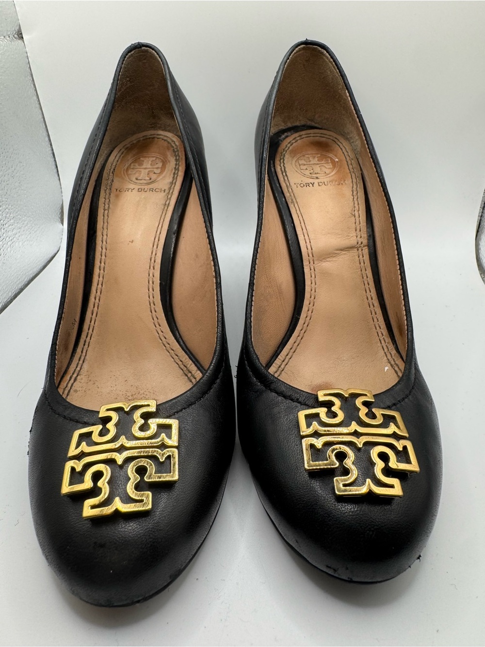 Tory Burch Black Leather Wedge Heel with Gold Logo Accent